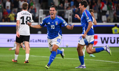 BERGAMO, ITALY - SEPTEMBER 05: Giacomo Raspadori of Italy celebrates with teammates after scoring his team