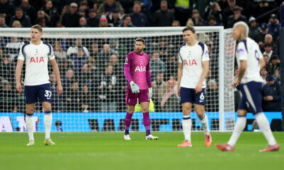 LONDON, ENGLAND - NOVEMBER 29: Guglielmo Vicario of Tottenham Hotspur reacts after failing to make a save against Harry Wilson of Fulham (not pictured) during the Premier League match between Tottenham Hotspur and Fulham at Tottenham Hotspur Stadium on November 29, 2025 in London, England. (Photo by Julian Finney/Getty Images)