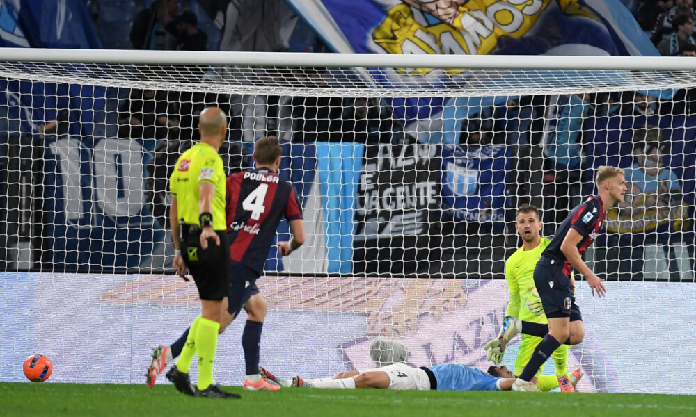 ROME, ITALY - DECEMBER 07: Jens Odgaard of Bologna FC celebrates a first goal during the Serie A match between SS Lazio and Bologna FC 1909 at Stadio Olimpico on December 07, 2025 in Rome, Italy. (Photo by Marco Rosi - SS Lazio/Getty Images)