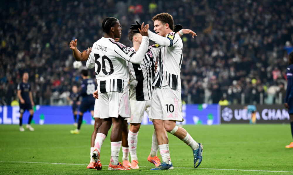 Jonathan David and Kenan Yildiz celebrate after Juventus score against Pafos in the Champions League (@juventusfc)