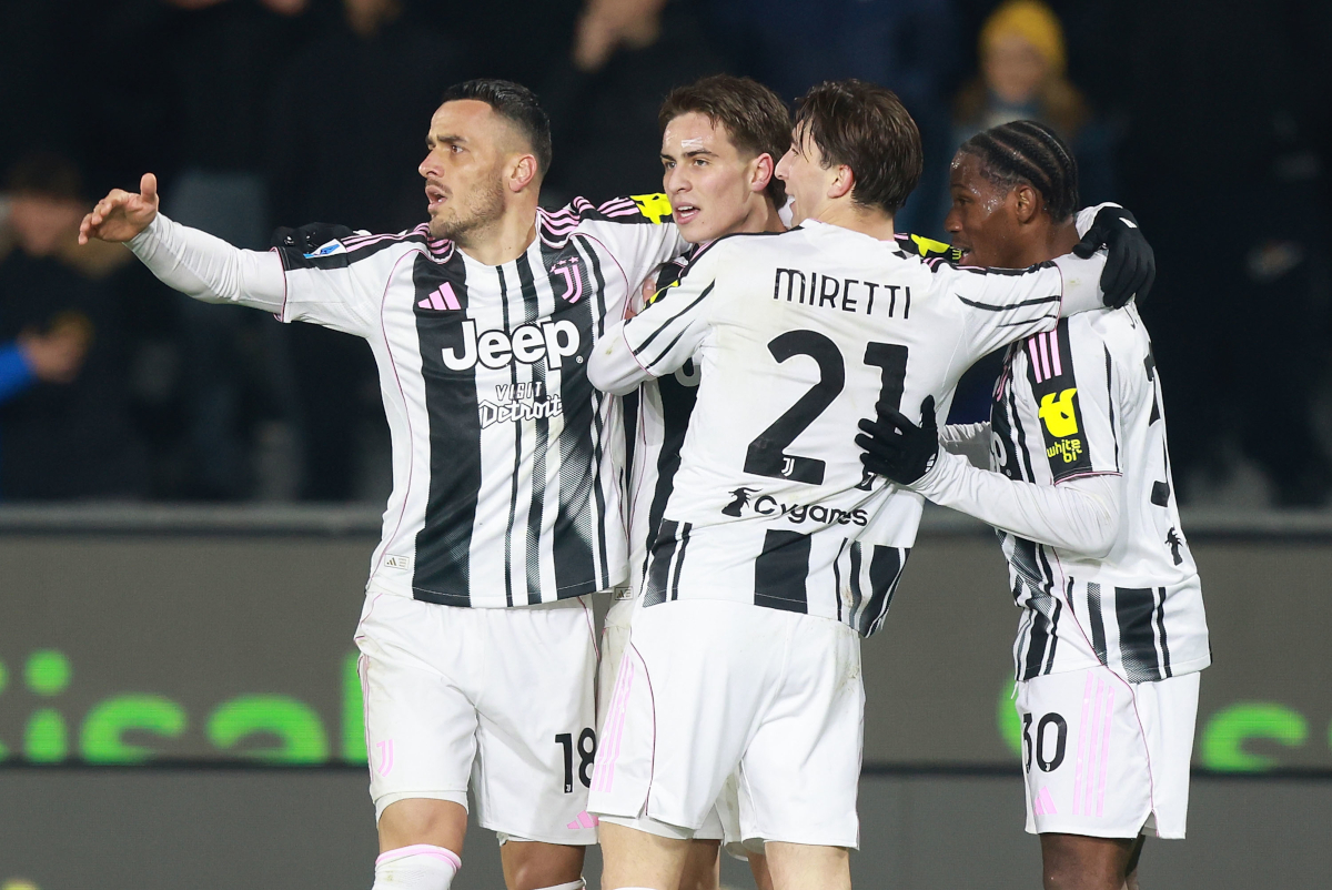 PISA, ITALY - DECEMBER 27: Kenan Yildiz of Juventus FC celebrates with teammates after scoring his team