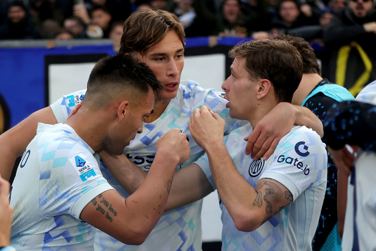 PISA, ITALY - NOVEMBER 30: Lautaro Martinez (L) of FC Internazionale celebrates after scoring a goal with Pio Esposito and Nicolo