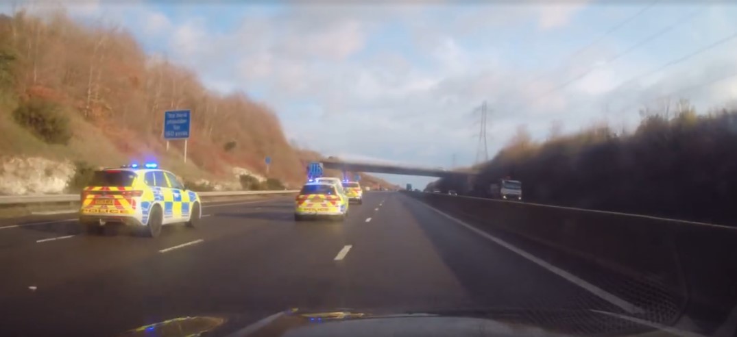White knuckling footage shows erractic driver swerving across M27 as police block him in