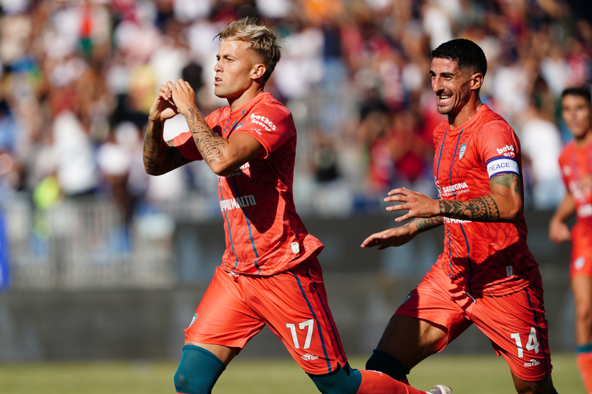CAGLIARI, ITALY - SEPTEMBER 13: Mattia Felici of Cagliari Calcio celebrates after scoring his first goal during the Serie A match between Cagliari Calcio and Parma Calcio 1913 at Stadio Sant