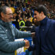 PARMA, ITALY - DECEMBER 13: Maurizio Sarri, Head Coach of Lazio (L), and Carlos Cuesta, Head Coach of Parma Calcio 1913 (R), shake hands prior to the Serie A match between Parma Calcio 1913 and SS Lazio at Stadio Ennio Tardini on December 13, 2025 in Parma, Italy. (Photo by Alessandro Sabattini/Getty Images)