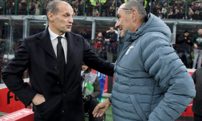 MILAN, ITALY - NOVEMBER 29: AC Milan head coach Massimiliano Allegri and SS Lazio head coach Maurizio Sarri prior the Serie A match between AC Milan and SS Lazio at Giuseppe Meazza Stadium on November 29, 2025 in Milan, Italy. (Photo by Marco Rosi - SS Lazio/Getty Images)