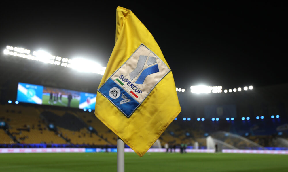 RIYADH, SAUDI ARABIA - DECEMBER 22: A detailed view of a corner flag inside the stadium prior to the Supercoppa Italiana Final between SSC Napoli and Bologna FC 1909 at King Saud University Stadium on December 22, 2025 in Riyadh, Saudi Arabia. (Photo by Yasser Bakhsh/Getty Images)
