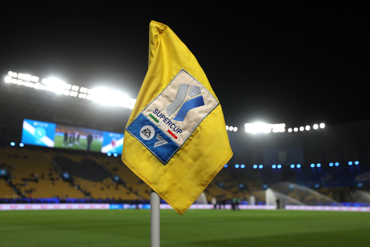 RIYADH, SAUDI ARABIA - DECEMBER 22: A detailed view of a corner flag inside the stadium prior to the Supercoppa Italiana Final between SSC Napoli and Bologna FC 1909 at King Saud University Stadium on December 22, 2025 in Riyadh, Saudi Arabia. (Photo by Yasser Bakhsh/Getty Images)