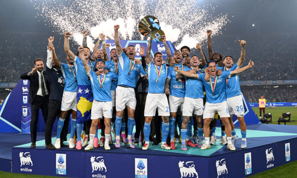 NAPLES, ITALY - MAY 23: Giovanni Di Lorenzo of Napoli lifts the Serie A TIM Scudetto title trophy after his team