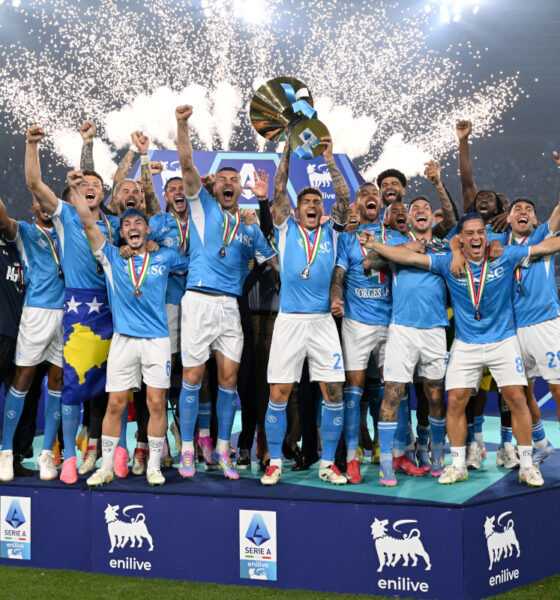 NAPLES, ITALY - MAY 23: Giovanni Di Lorenzo of Napoli lifts the Serie A TIM Scudetto title trophy after his team