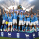 NAPLES, ITALY - MAY 23: Giovanni Di Lorenzo of Napoli lifts the Serie A TIM Scudetto title trophy after his team