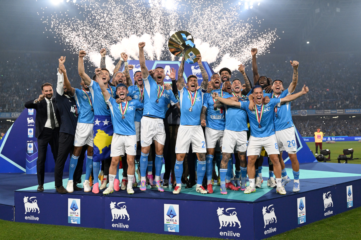 NAPLES, ITALY - MAY 23: Giovanni Di Lorenzo of Napoli lifts the Serie A TIM Scudetto title trophy after his team