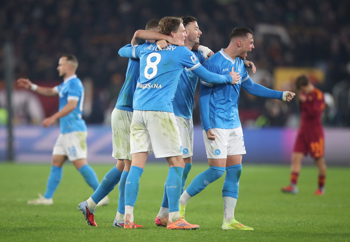 ROME, ITALY - NOVEMBER 30: Amir Rrahmani, Sam Beukema and Scott McTominay of Napoli celebrates victory following the Serie A match between AS Roma and SSC Napoli at Stadio Olimpico on November 30, 2025 in Rome, Italy. (Photo by Paolo Bruno/Getty Images)