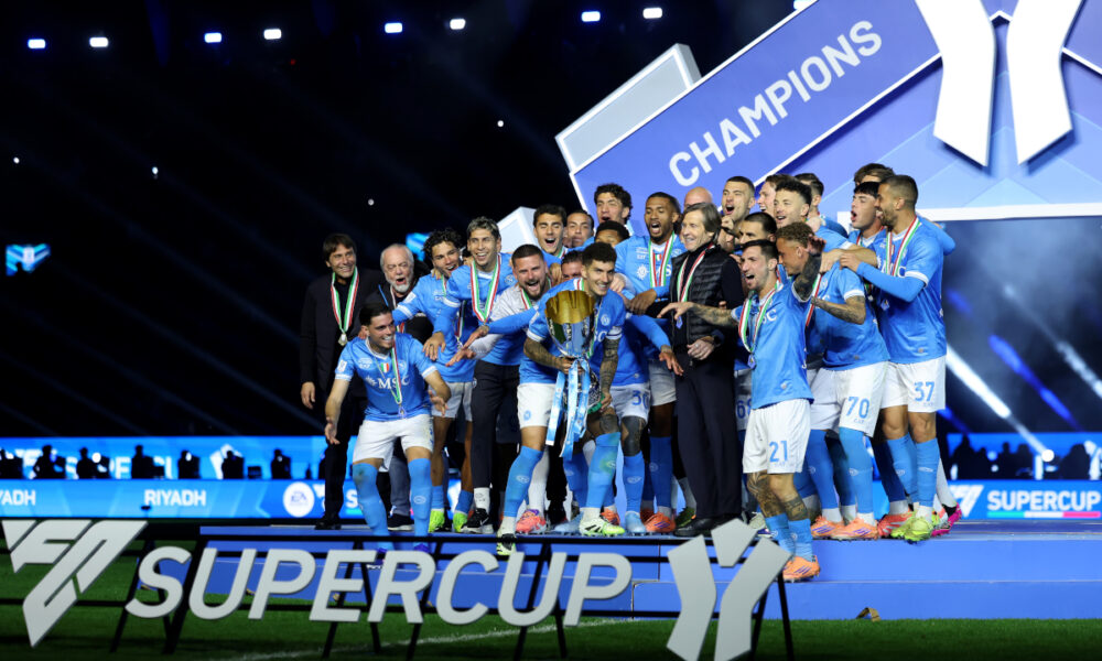 RIYADH, SAUDI ARABIA - DECEMBER 22: Giovanni Di Lorenzo of SSC Napoli lifts the Supercoppa Italiana trophy after the team