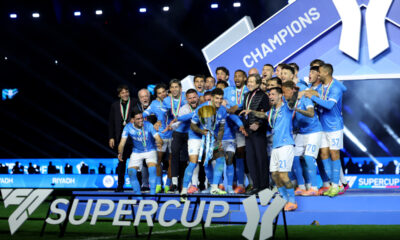 RIYADH, SAUDI ARABIA - DECEMBER 22: Giovanni Di Lorenzo of SSC Napoli lifts the Supercoppa Italiana trophy after the team