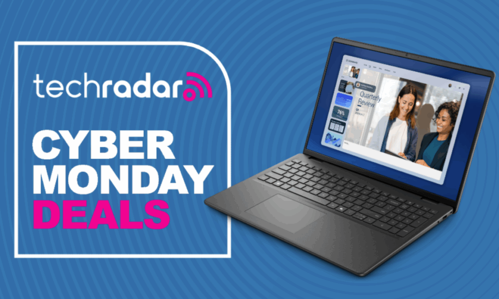 A Dell 16 Laptop on a blue background next to a TechRadar badge reading &#039;Cyber Monday deals&#039;