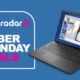 A Dell 16 Laptop on a blue background next to a TechRadar badge reading &#039;Cyber Monday deals&#039;