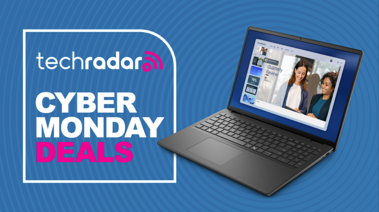 A Dell 16 Laptop on a blue background next to a TechRadar badge reading &#039;Cyber Monday deals&#039;
