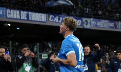 NAPLES, ITALY - DECEMBER 07: Rasmus Hojlund of SSC Napoli celebrates scoring his team