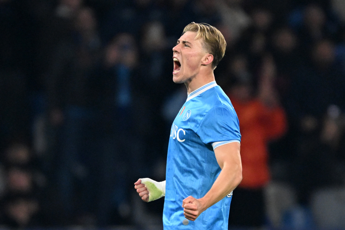 NAPLES, ITALY - DECEMBER 07: Rasmus Hojlund of SSC Napoli celebrates scoring his team
