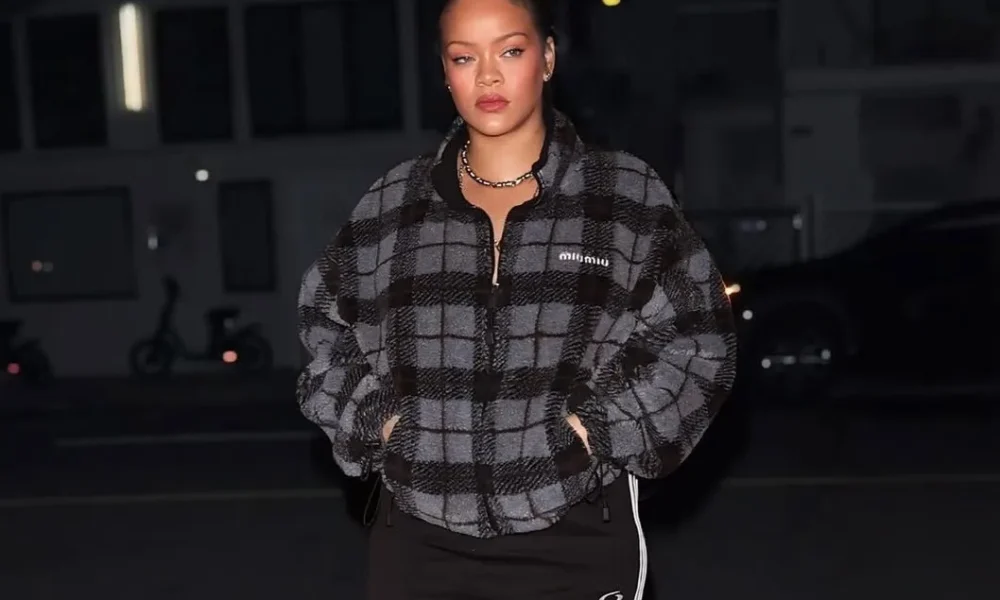 Rihanna Steps Out at Giorgio Baldi in a Checked Gray Miu Miu Jacket, Balenciaga Skirt, and Amina Muaddi Snake Boots