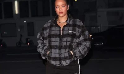 Rihanna Steps Out at Giorgio Baldi in a Checked Gray Miu Miu Jacket, Balenciaga Skirt, and Amina Muaddi Snake Boots
