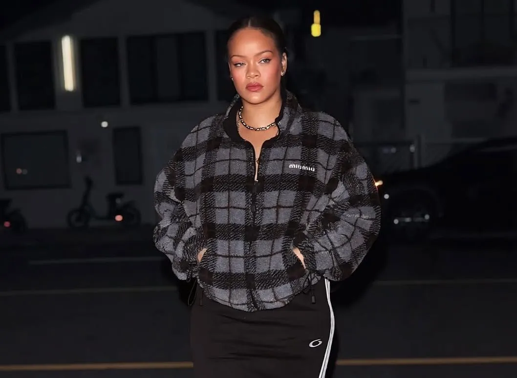 Rihanna Steps Out at Giorgio Baldi in a Checked Gray Miu Miu Jacket, Balenciaga Skirt, and Amina Muaddi Snake Boots