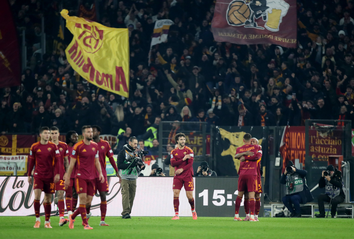 ROME, ITALY - DECEMBER 15: Wesley of AS Roma celebrates with teammate Lorenzo Pellegrini after scoring his team