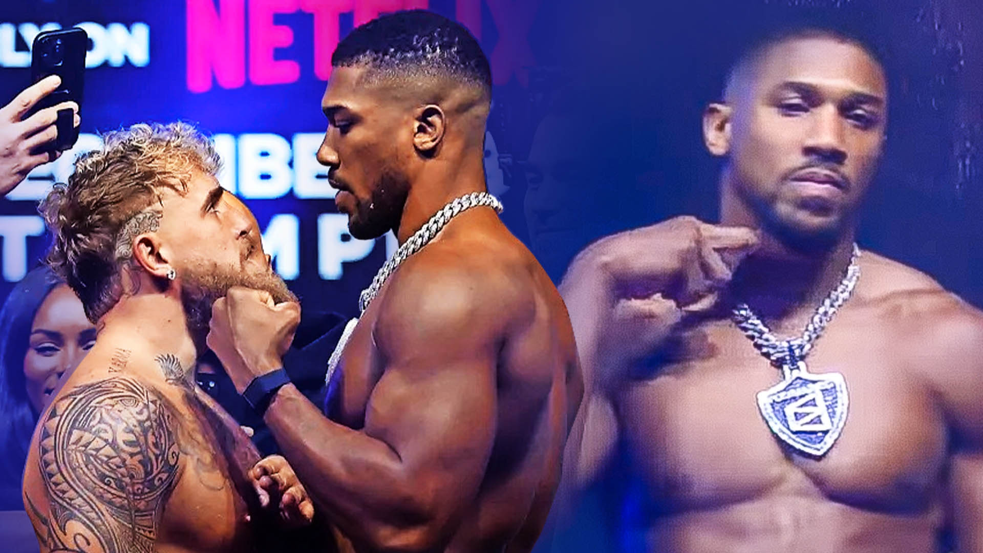 Anthony Joshua makes slitting throat gesture to Jake Paul after almost coming to blows in face off ahead of Netflix bout