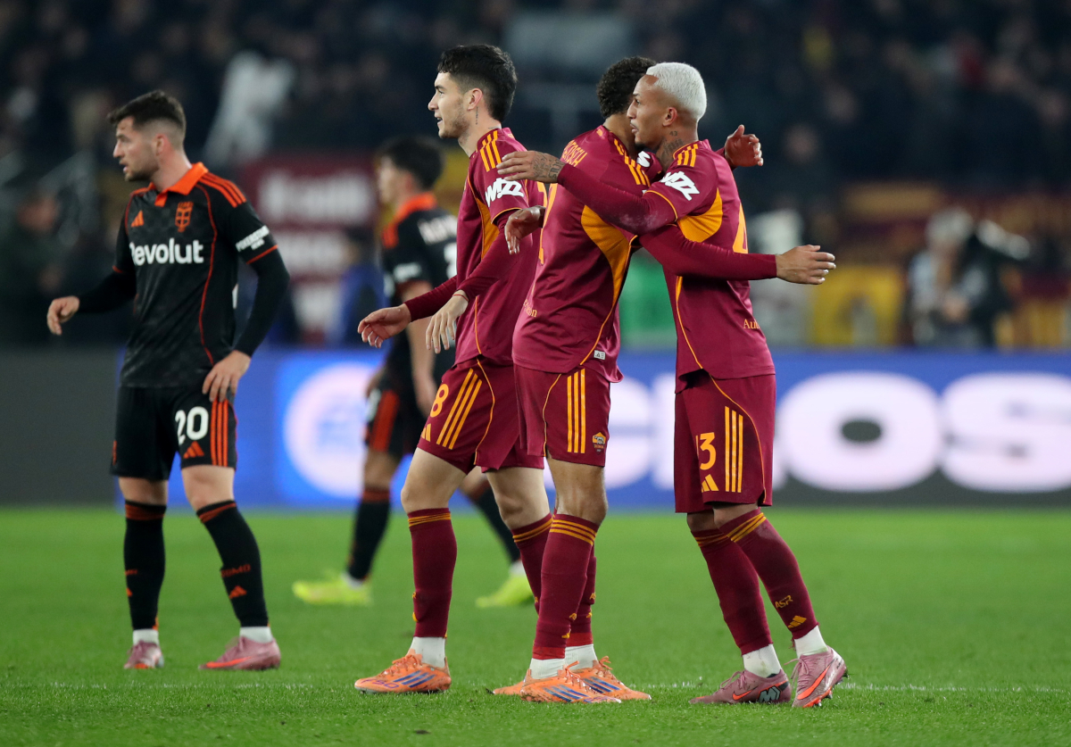 ROME, ITALY - DECEMBER 15: Wesley of AS Roma (R) celebrates with teammate Devyne Rensch after scoring his team
