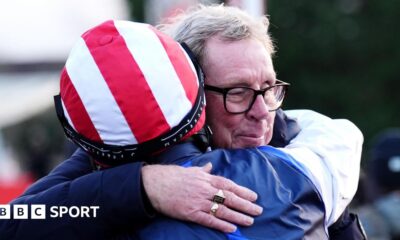 Jockey Ben Jones hugs owner Harry Redknapp after The Jukebox Man wins the 2025 King George VI Chase at Kempton Park