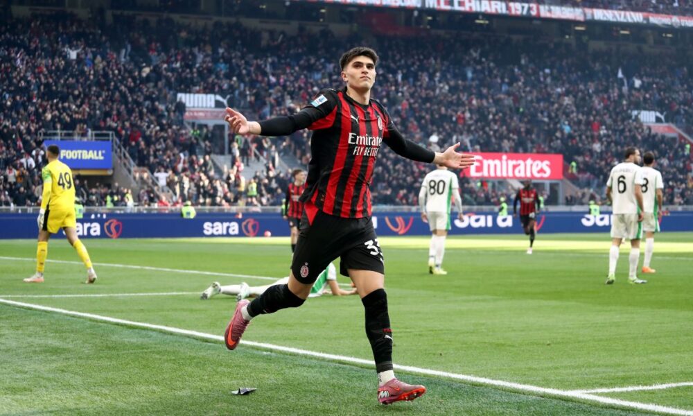 MILAN, ITALY - DECEMBER 14: Davide Bartesaghi of AC Milan celebrates scoring his team