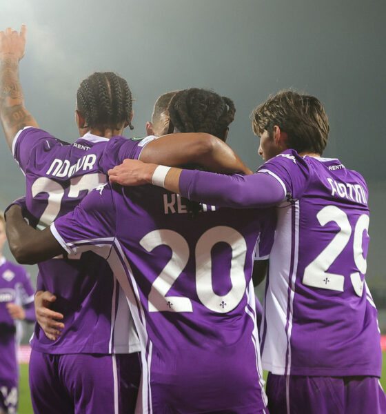 FLORENCE, ITALY - DECEMBER 11: Moise Kean of ACF Fiorentina celebrates after scoring a goal during the UEFA Conference League 2025/26 League Phase MD5 match between ACF Fiorentina and FC Dynamo Kyiv at Stadio Artemio Franchi on December 11, 2025 in Florence, Italy. (Photo by Gabriele Maltinti/Getty Images)