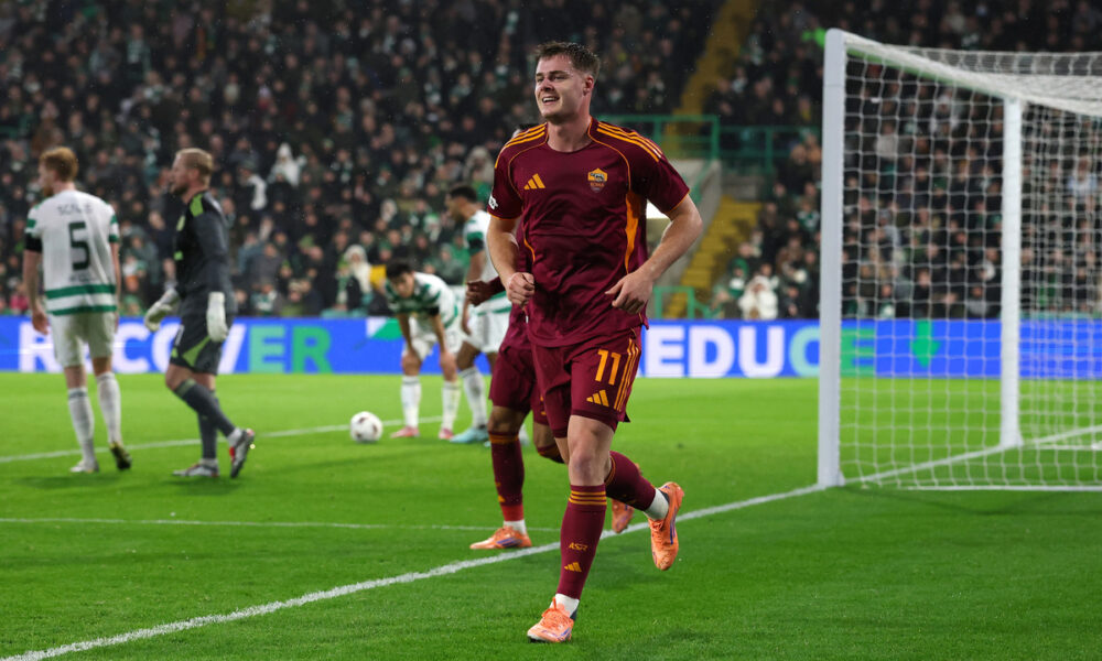 GLASGOW, SCOTLAND - DECEMBER 11: Evan Ferguson of AS Roma celebrates scoring his team