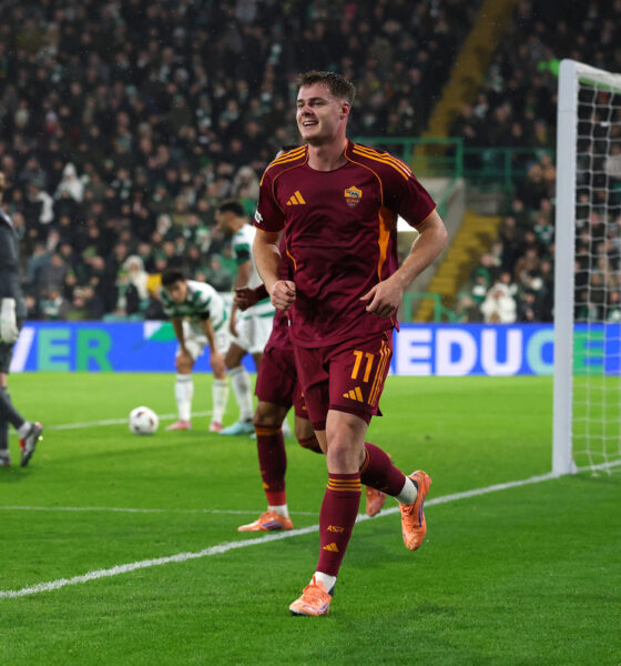 GLASGOW, SCOTLAND - DECEMBER 11: Evan Ferguson of AS Roma celebrates scoring his team