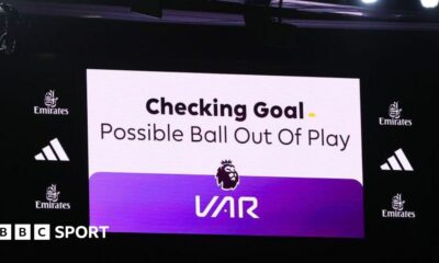 A VAR message for 'Possible ball out of play' is shown during the Premier League match between Arsenal and West Ham