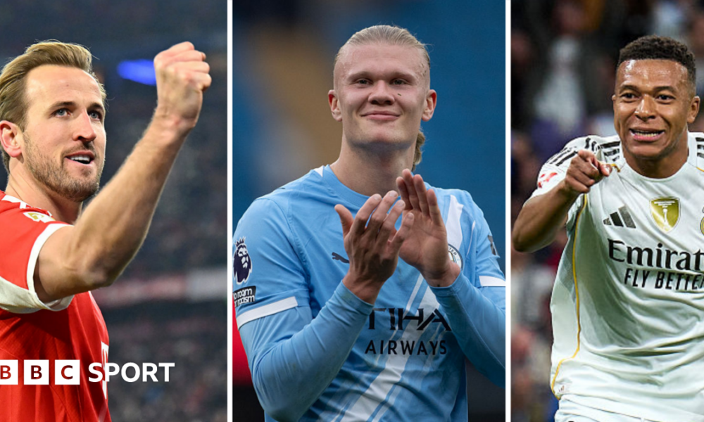 A composite image of Harry Kane, Erling Haaland and Kylian Mbappe