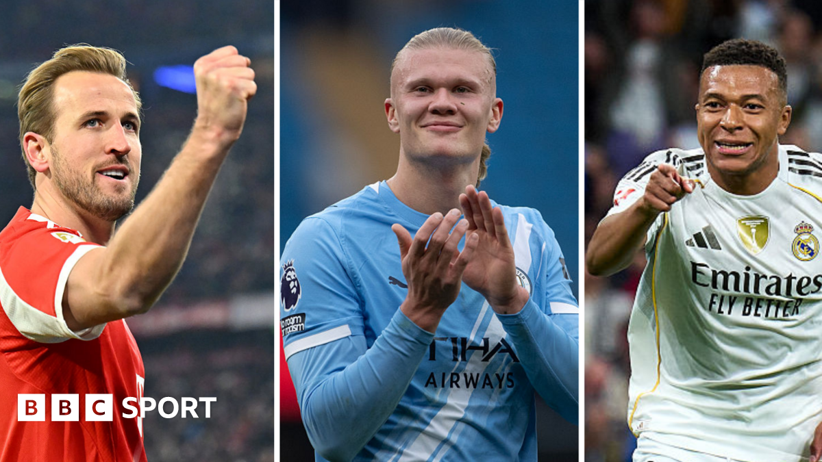 A composite image of Harry Kane, Erling Haaland and Kylian Mbappe