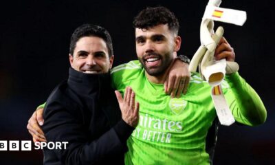 Mikel Arteta, Manager of Arsenal, and David Raya of Arsenal embrace at full-time after victory in the penalty shoot out following the UEFA Champions League 2023/24 round of 16 second leg match between Arsenal FC and FC Porto at Emirates Stadium on March 12, 2024