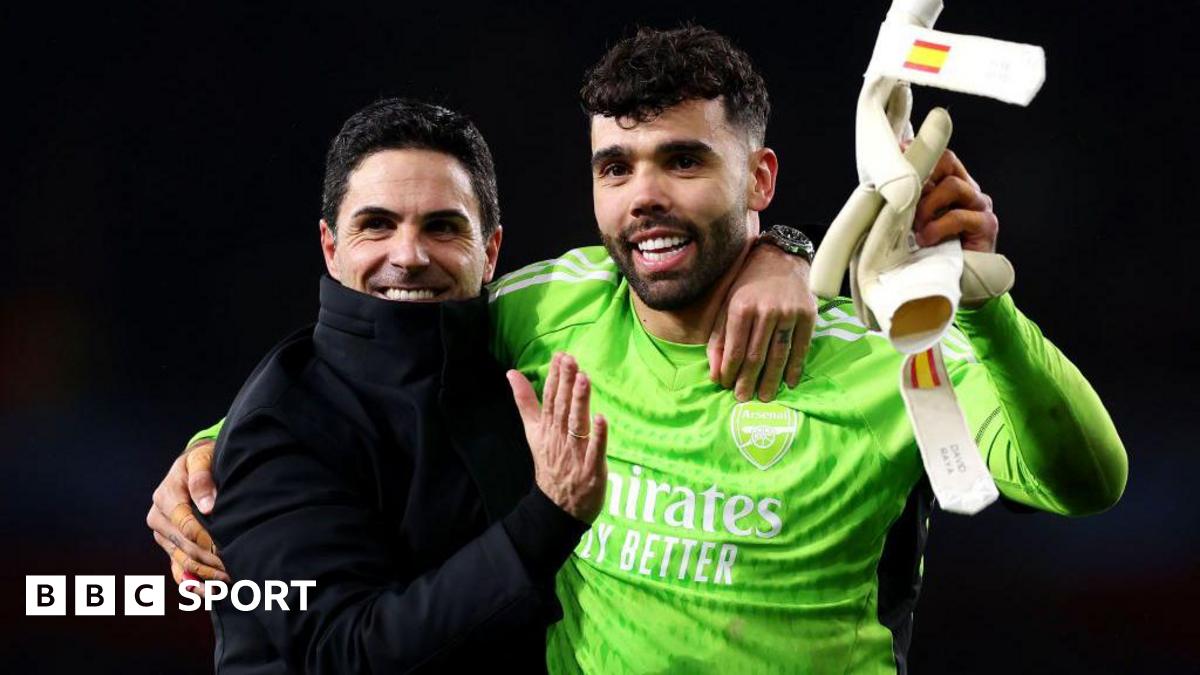 Mikel Arteta, Manager of Arsenal, and David Raya of Arsenal embrace at full-time after victory in the penalty shoot out following the UEFA Champions League 2023/24 round of 16 second leg match between Arsenal FC and FC Porto at Emirates Stadium on March 12, 2024