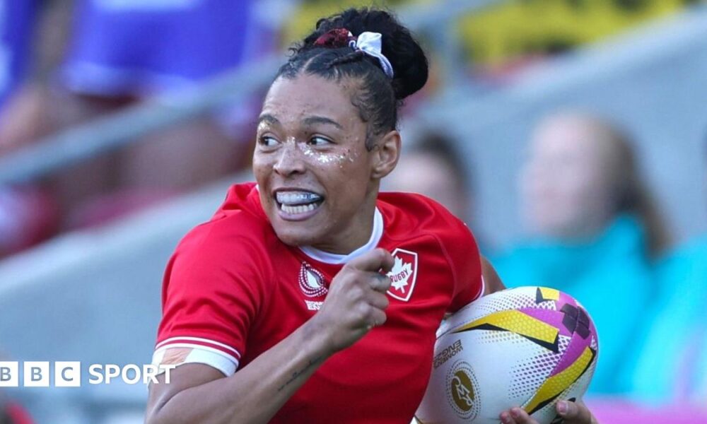 Asia Hogan-Rochester celebrates scoring the opening try in Canada's defeat by England in the World Cup final in September