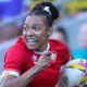 Asia Hogan-Rochester celebrates scoring the opening try in Canada's defeat by England in the World Cup final in September