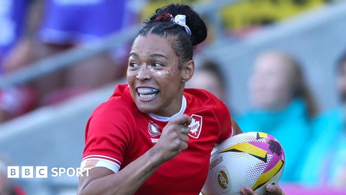 Asia Hogan-Rochester celebrates scoring the opening try in Canada's defeat by England in the World Cup final in September