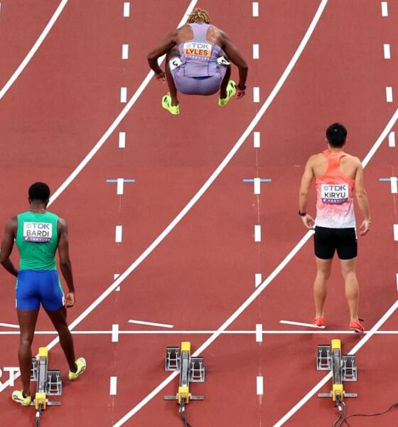 Cuba's Guillermo Varona Gonzalez jumps in the air before preparing to throw in the javelin F46 final at the World Para Athletics Championships in New Delhi, India