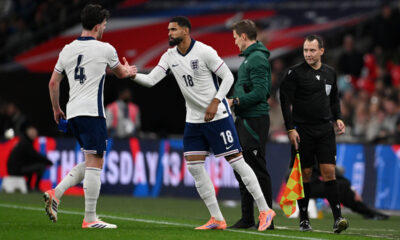 LONDON, ENGLAND - OCTOBER 09: Ruben Loftus-Cheek of England shakes hands with Declan Rice of England as a he comes on as a substitute during the International Friendly between England and Wales at Wembley Stadium on October 09, 2025 in London, England. (Photo by Mike Hewitt/Getty Images)