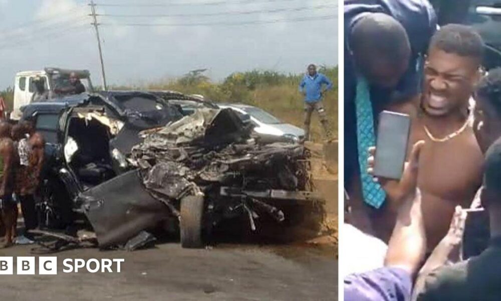 A split picture of Anthony Joshua and the crashed car in Nigeria