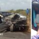 A split picture of Anthony Joshua and the crashed car in Nigeria