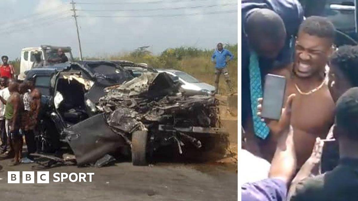 A split picture of Anthony Joshua and the crashed car in Nigeria