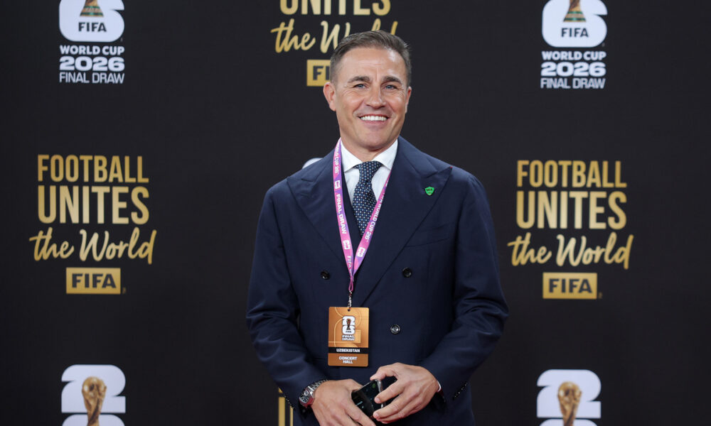 WASHINGTON, DC - DECEMBER 05: Fabio Cannavaro, Head Coach of Uzbekistan, 2006 World Cup winner with Italy, poses on the red carpet prior to the FIFA World Cup 2026 Official Draw at John F. Kennedy Center for the Performing Arts on December 05, 2025 in Washington, DC. (Photo by Kevin Dietsch/Getty Images)