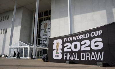 WASHINGTON, DC - DECEMBER 04: Final preparations are made as FIFA World Cup 2026 Final Draw signage is displayed outside the Kennedy Center on December 04, 2025 in Washington, DC. (Photo by Dan Mullan/Getty Images)